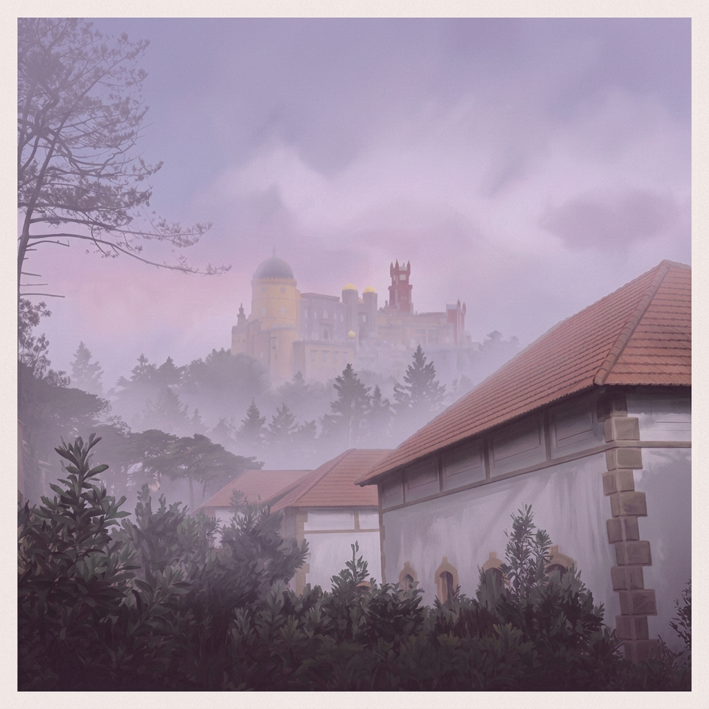 Illustrated Moorish castle wall winding along a misty Sintra ridge