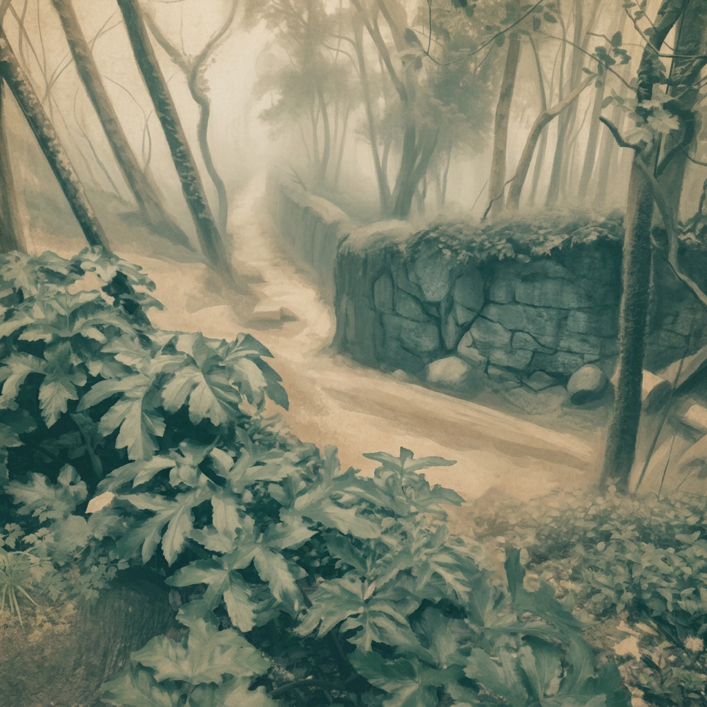 Illustrated misty Sintra forest path lined with ferns