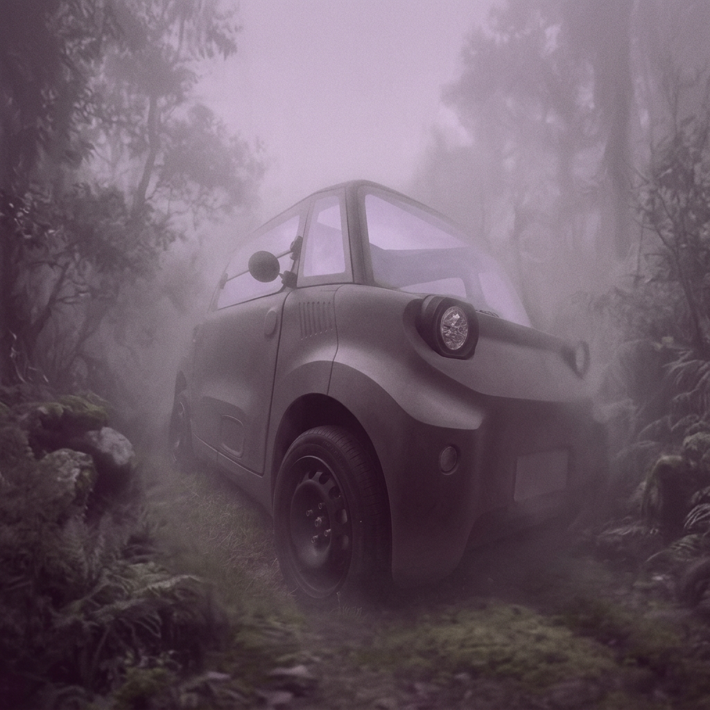 Illustrated Citroen AMI microcar on a narrow Sintra street
