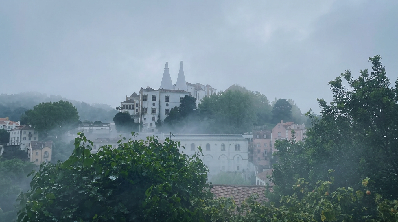 Misty Sintra mountains with a palace silhouette in the distance
